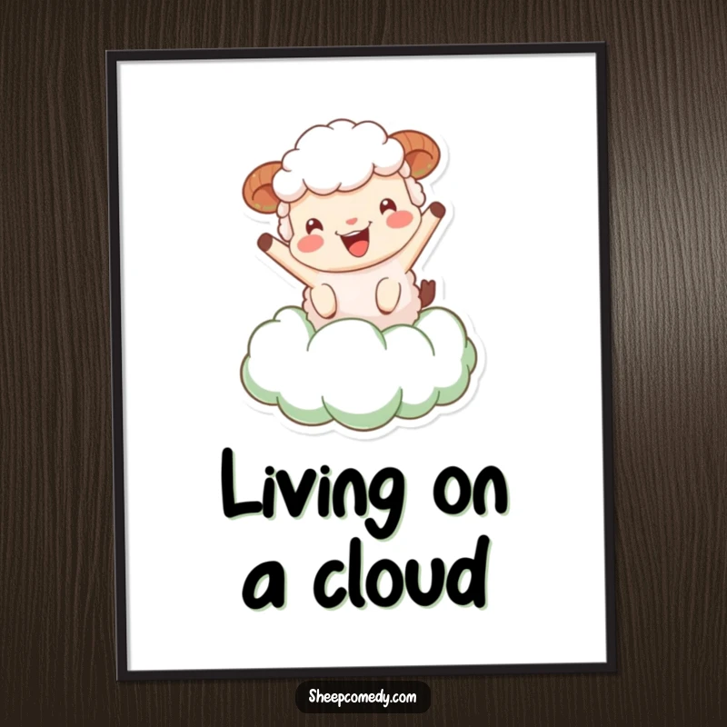 Funny Sheep Poster: A delightful sheep character bouncing joyfully on a fluffy green cloud, creating a whimsical and humorous scene.
