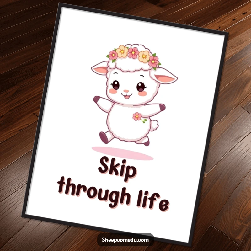 Funny sheep cub skipping poster, featuring a cute sheep with a flower wreath, joyfully leaping in a meadow setting.