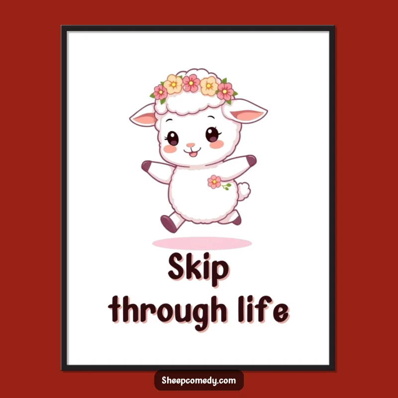 Funny Sheep Cub Skipping Poster, Whimsical Flower Wreath Art, Sweet Funny Gift for Decor