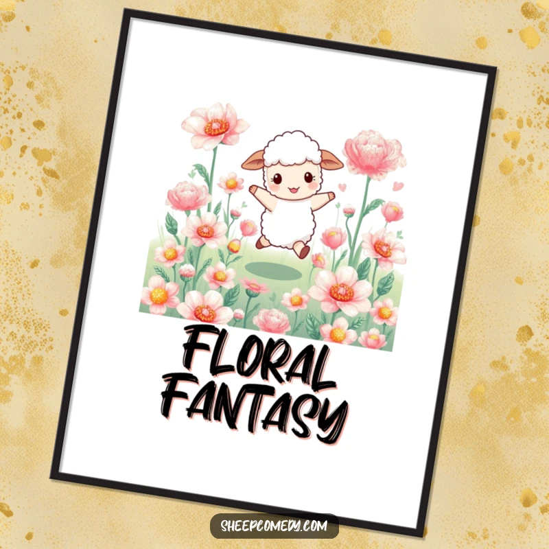 Funny sheep poster: a happy sheep joyfully skips through a vast field of oversized, shimmering flowers, creating a scene of pure bliss.
