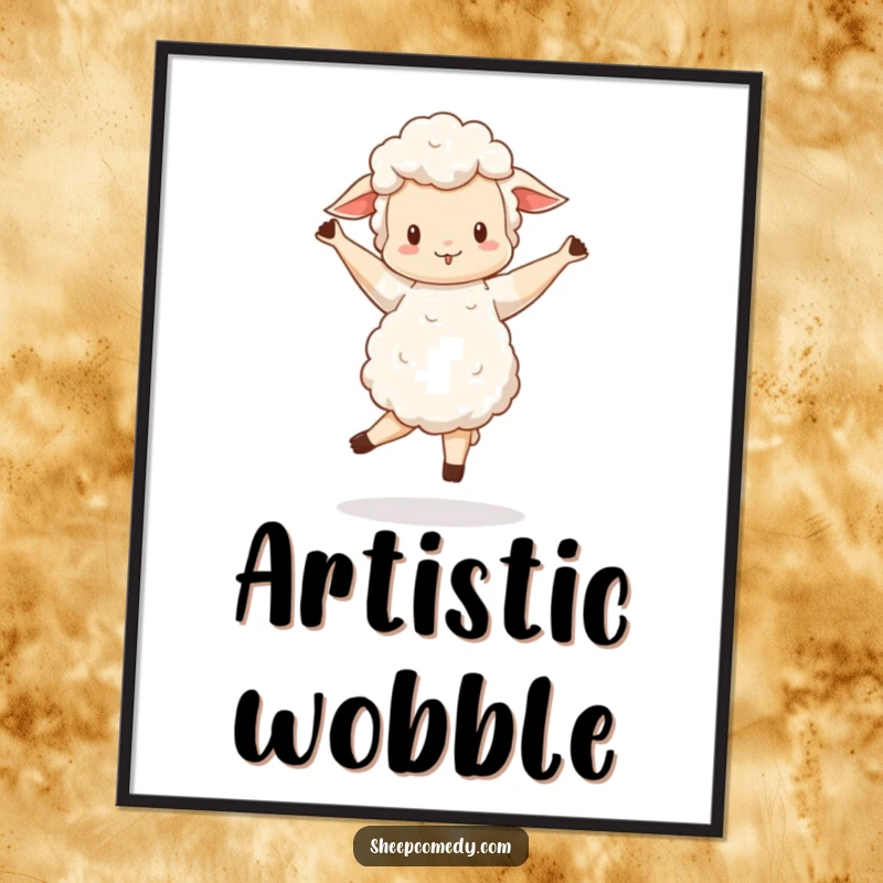 Funny Sheep poster showing a sheep doing a wobbly, happy pirouette, joyful and humorous wall art.