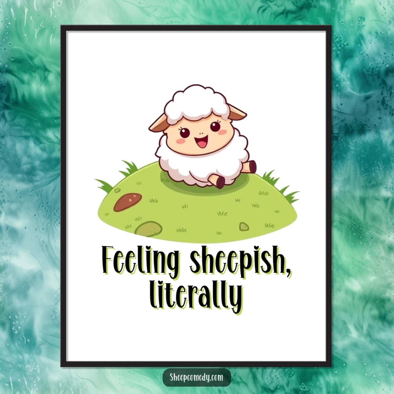 Funny sheep poster showcasing a fluffy character joyfully rolling down a grassy hill, a whimsical piece of art.