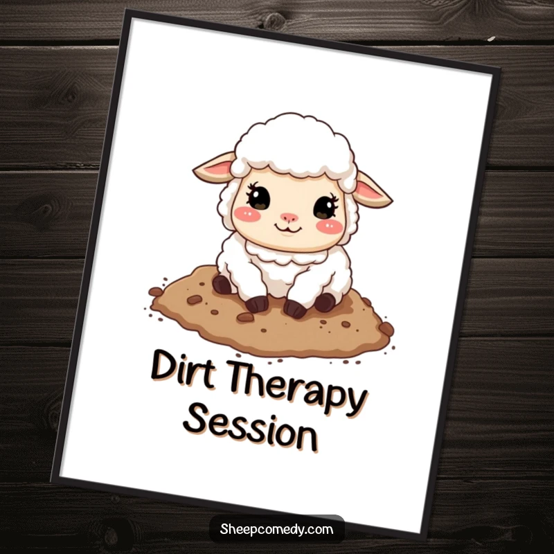 Funny sheep poster featuring a sheep mid-roll in dirt, radiating happiness - a humorous piece of farm-themed wall art.