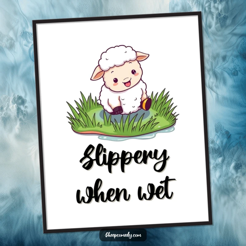 Funny Sheep Poster depicting a sheep comically slipping on a shiny, wet patch of grass, capturing a moment of pure slapstick.
