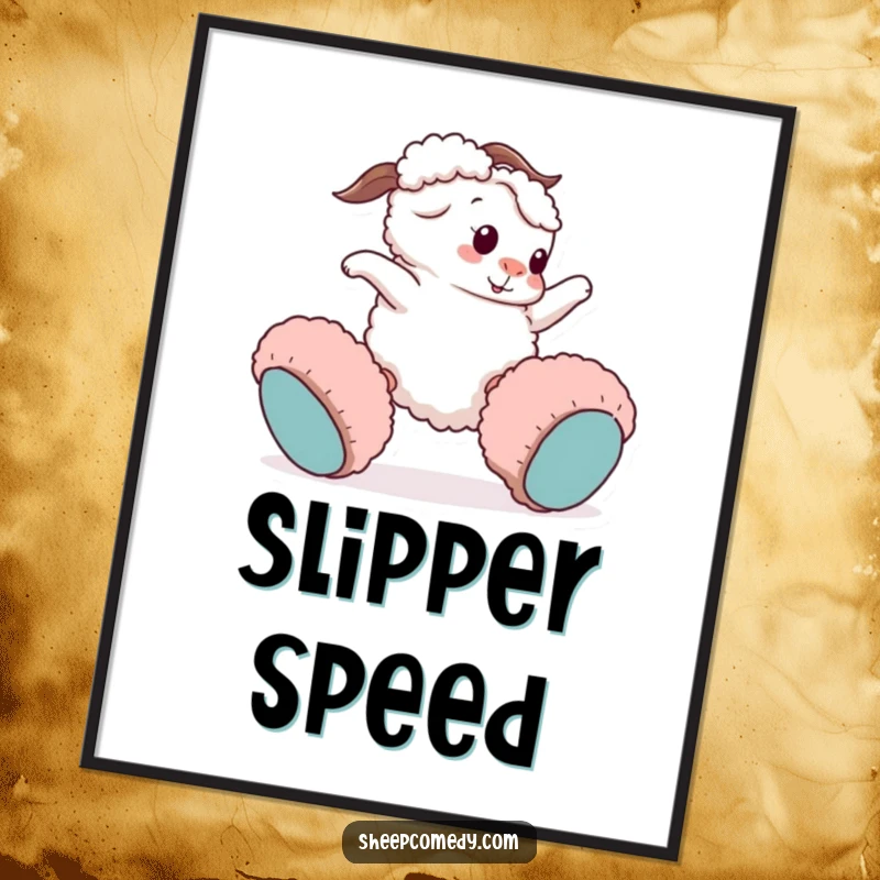 Funny sheep poster: a playful sheep character comically trips while wearing oversized fuzzy slippers, capturing a moment of pure hilarity.