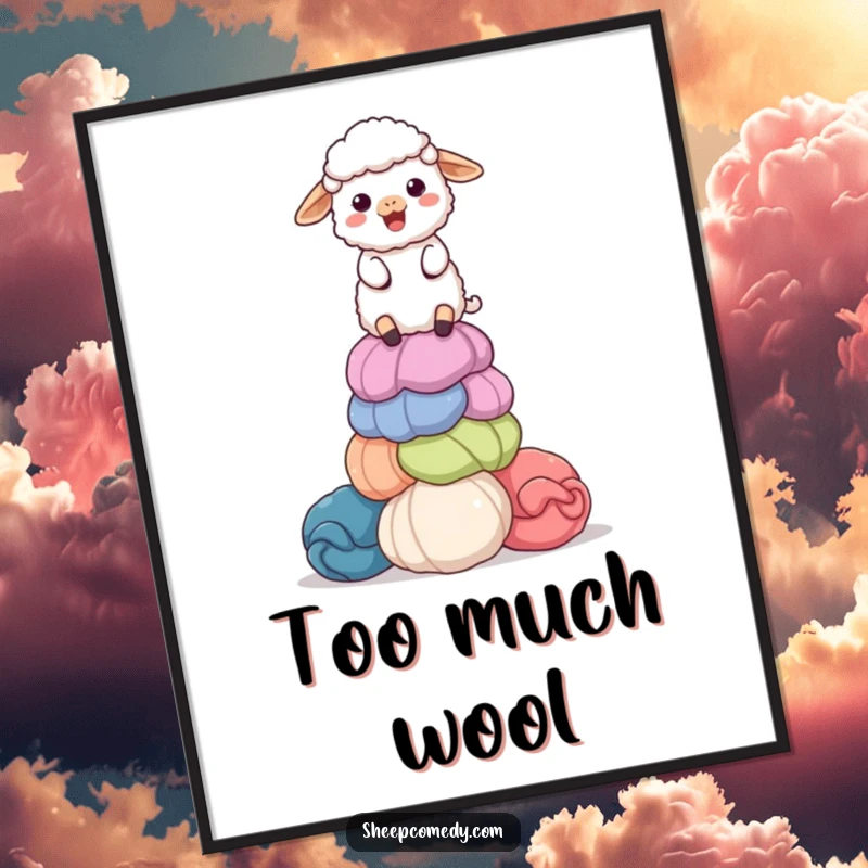 Funny poster featuring a delighted sheep balancing a tall stack of colorful, giant wool balls, creating a humorous and artistic display.