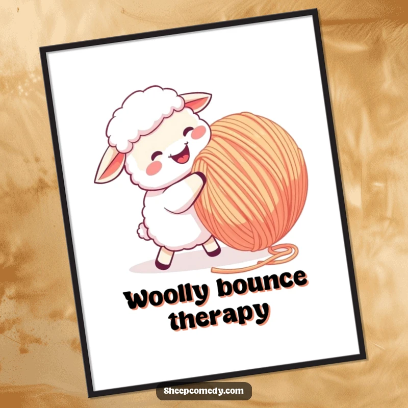 Funny Sheep Poster: A sheep gleefully butts a massive ball of yarn, depicting a hilariously energetic scene.