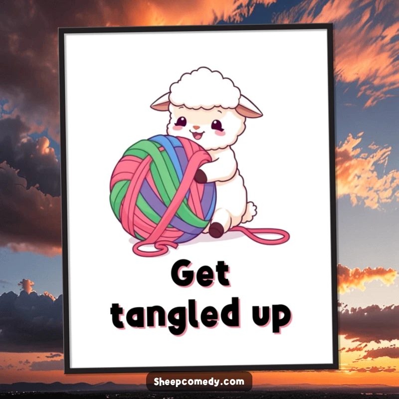 Funny Sheep Poster depicting a contented sheep blissfully occupied with an enormous, vividly colored ball of yarn, sheer delight.