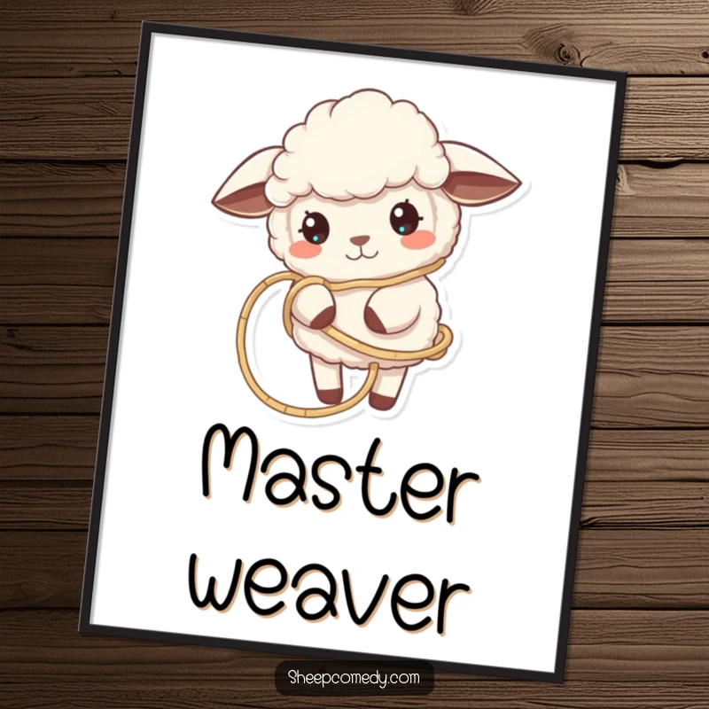 Funny Sheep Poster shows a sheep playfully tangled in yarn, bringing whimsical humor and a cozy crafting theme to any room.