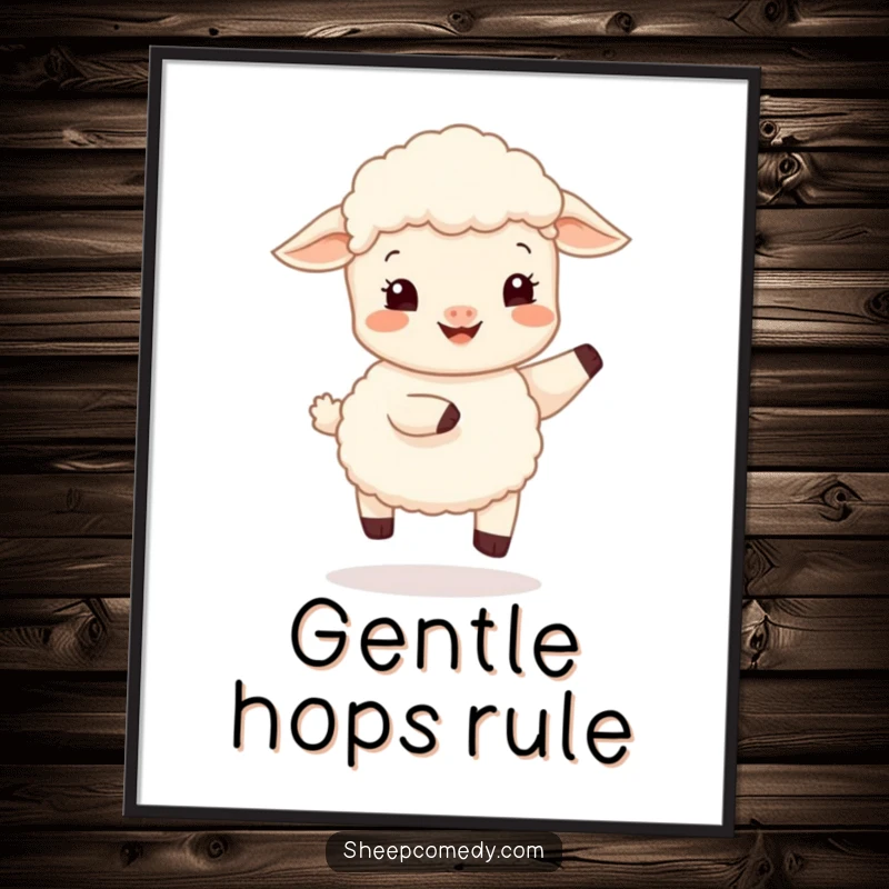 Funny sheep cub hop poster, depicting a happy lamb doing a gentle, bouncy hop, capturing a moment of pure bliss.