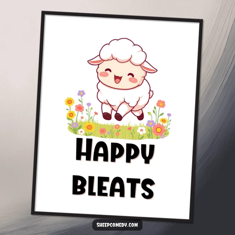 Funny poster depicting a fluffy sheep bleating with pure joy, happily bounding through a picturesque field bursting with colorful flowers.