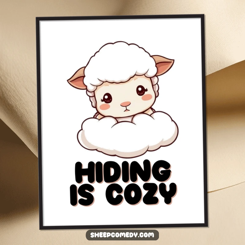 Funny sheep peeking poster, featuring a sheep with mild eyes peeking from behind a soft cloud, creating a serene atmosphere.