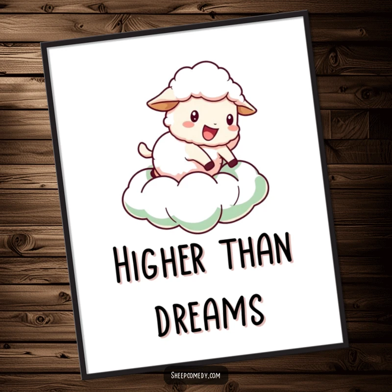 Funny Sheep Poster: Illustration of a sheep character joyfully bouncing on a soft, green cloud, perfect wall art.