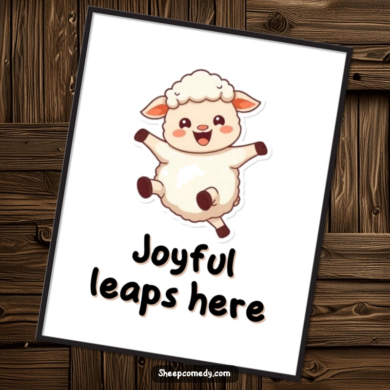 Funny sheep poster art, a joyful sheep bleating and kicking its legs, perfect for ecstatic decor.