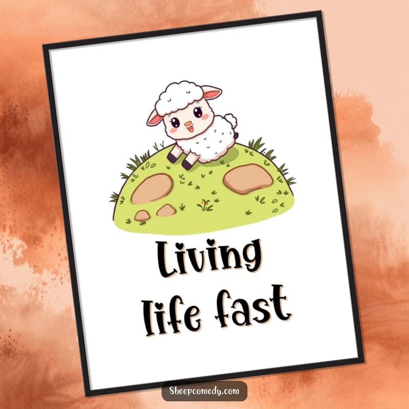 Funny poster featuring a giddy sheep character sliding down a whimsical, grassy hill, bringing a cheerful and playful vibe to any space.