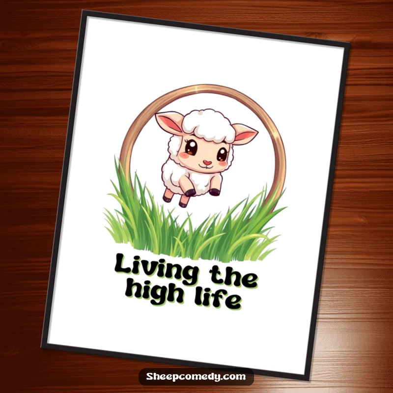 Funny Sheep Poster: A determined sheep character leaping high through a grassy hoop, creating a visually humorous and action-packed wall art.