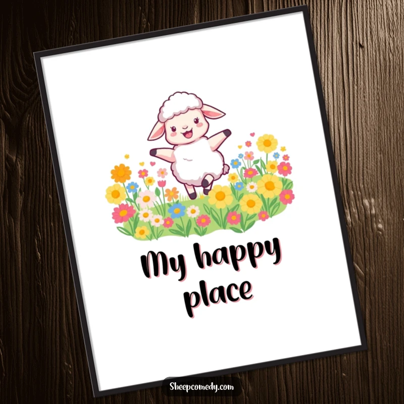 Funny Sheep Poster shows a happy sheep dancing joyfully in a field of colorful flowers, bringing whimsical humor and visual delight to any room.