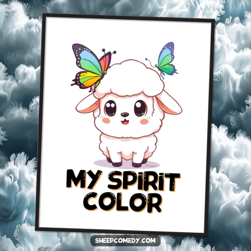 Funny sheep poster capturing a sheep's wide-eyed surprise at a shimmering rainbow butterfly, adding a touch of magic to any wall.