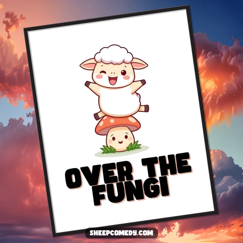 Funny Leaping Sheep Poster: A sheep mid-leap over a smiling mushroom, depicting whimsical and humorous forest adventure.