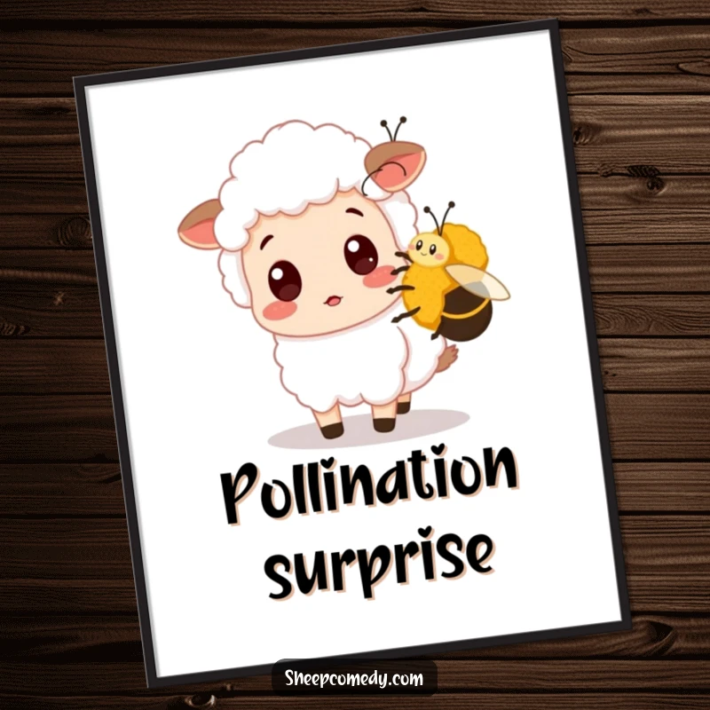 Funny Sheep Poster shows a sheep with a comically surprised expression being nudged by a friendly bumblebee, bringing whimsical humor to any room.