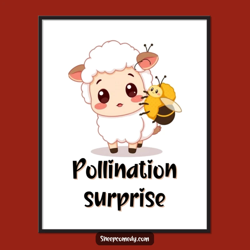 Funny Surprised Sheep Poster - Whimsical Bumblebee Encounter Art