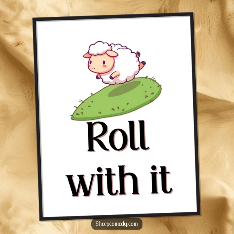 Funny Sheep Poster: An energetic sheep character captured mid-roll down a gentle grassy slope, creating a humorous and dynamic scene.
