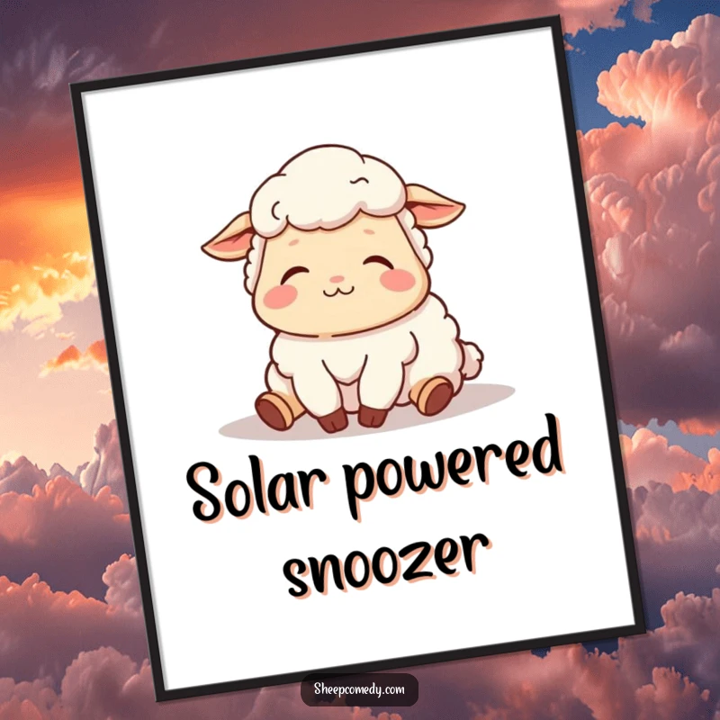 Funny poster print of a sheep character sighing contentedly in its sleep, basking in the warm sunlight, promoting serenity.