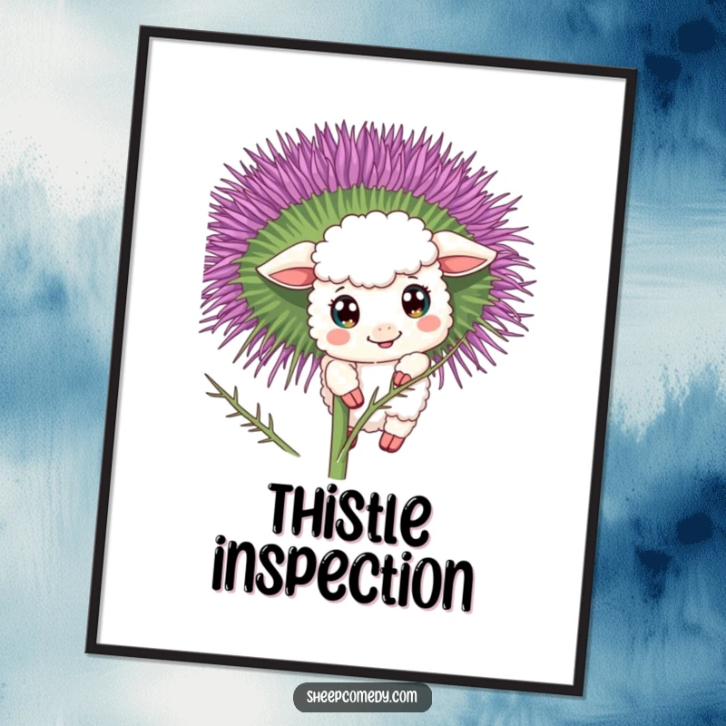 Funny sheep poster showcasing a curious character peeking from behind a blooming thistle, eyes wide with delightful discovery.