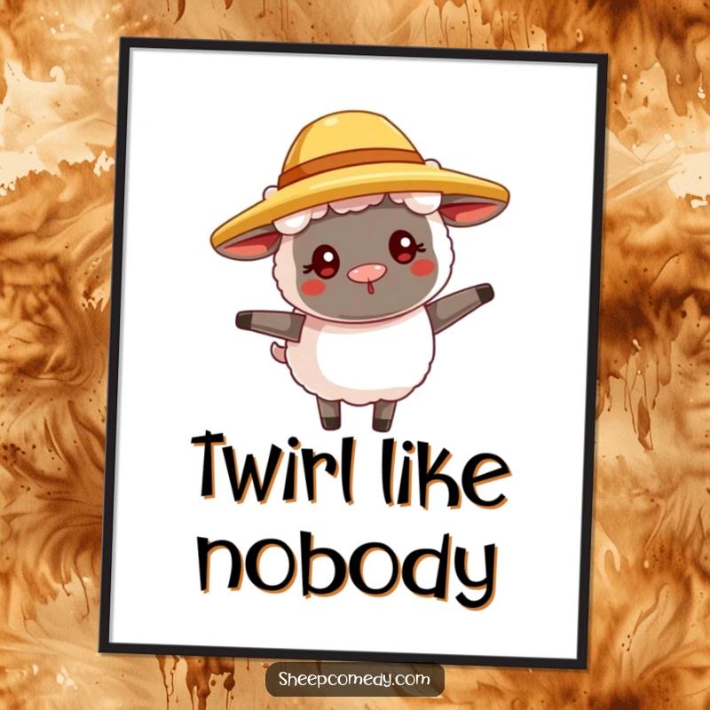 Funny sheep poster art, a goofy sheep in a straw hat twirling joyfully, perfect for whimsical decor.