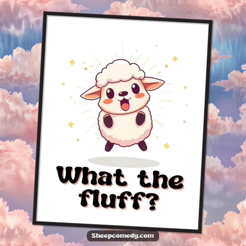 Funny poster featuring a surprised sheep leaping back from a bursting, sparkling pom-pom, creating a humorous and eye-catching wall display.