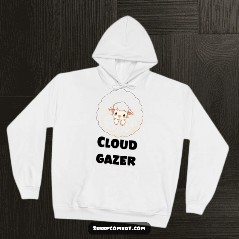 Funny sheep hoodie: a curious sheep peeks from behind a colossal, woolly cloud, offering comfort and a touch of sky-high fun.