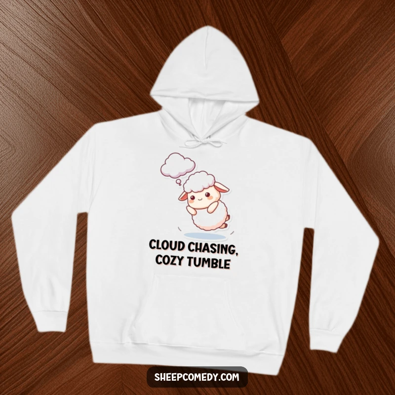 Funny Sheep Hoodie featuring a character playfully tripping while trying to catch a cloud, offering warmth and a reminder of humorous perseverance.