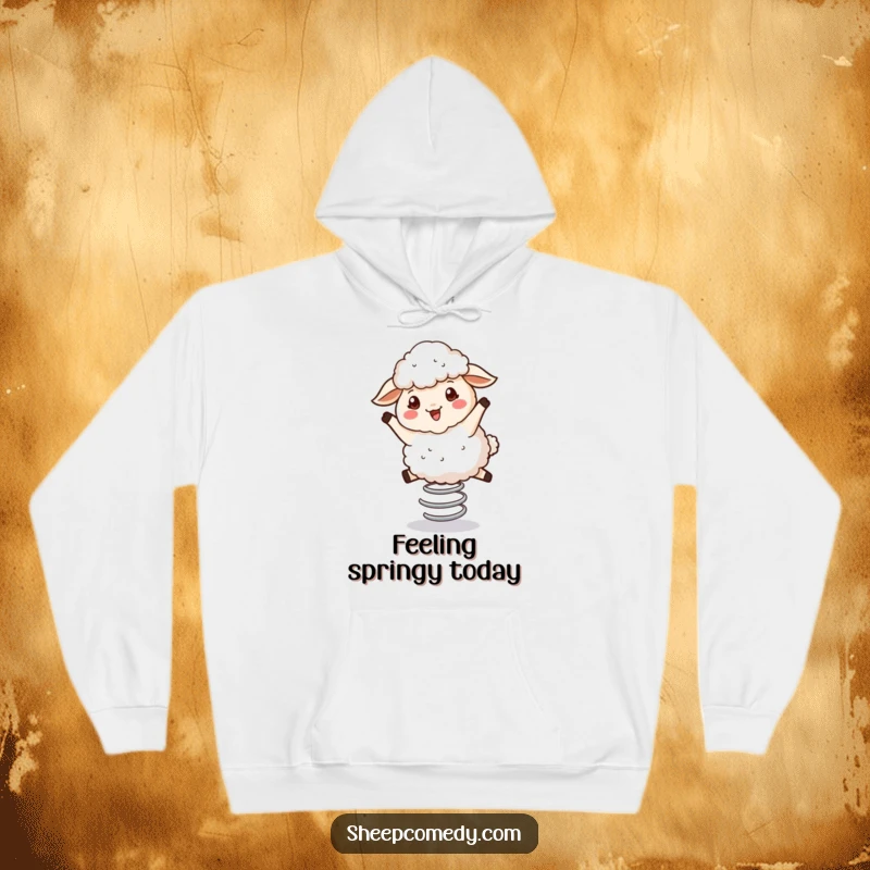 Funny Bouncing Sheep Hoodie: Fluffy sheep character joyfully bouncing high on a spring, warm and humorous.