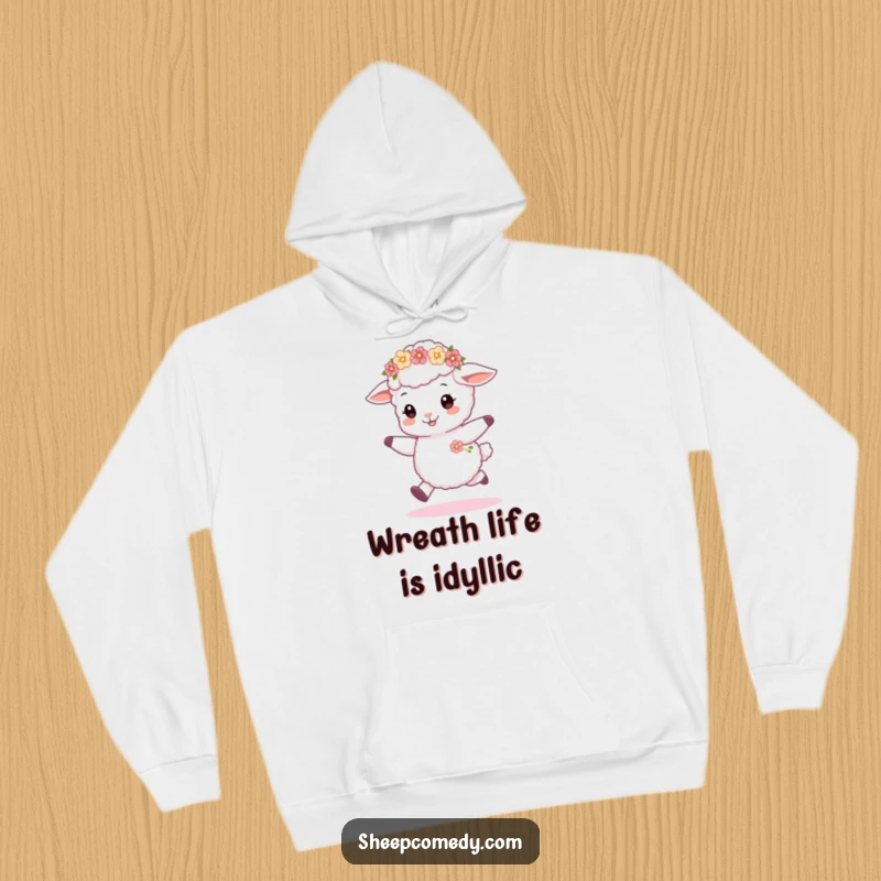 Funny sheep cub hoodie, depicted joyfully skipping with a delicate flower wreath, a cozy and humorous winter wear option.