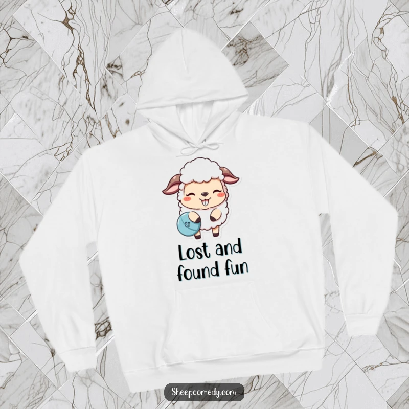 Funny sheep hoodie featuring a mischievous sheep nudging a lost button, cozy and humorous design for cold days.
