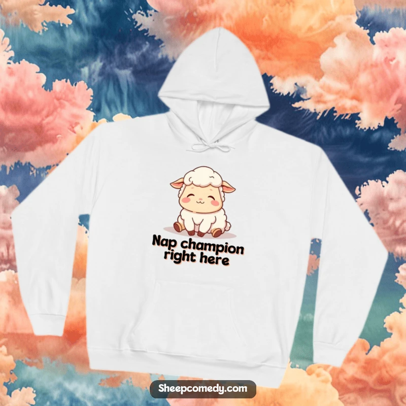 Funny hoodie illustrating a sheep character taking a contented nap in the sun, conveying ultimate relaxation and peace.