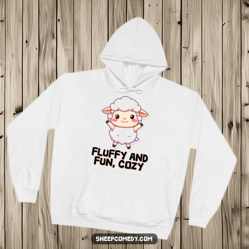 Funny Sheep Hoodie featuring a fluffy, woolly sheep character bouncing cheerfully, offering warmth and an abundance of joyful energy.