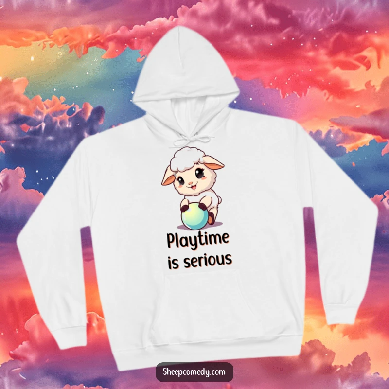 Funny Sheep Hoodie: A soft hoodie depicting a sheep with a happy face intensely focused on playing with a shiny ball.