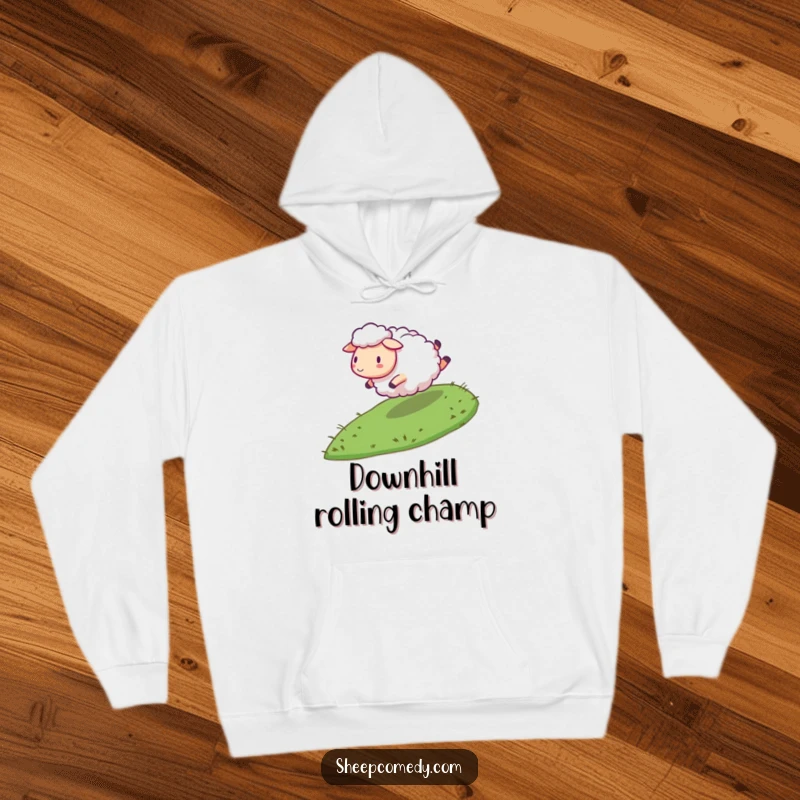 Funny Sheep Hoodie: A sheep character energetically rolling down a grassy slope, offering cozy comfort and humorous vibes.