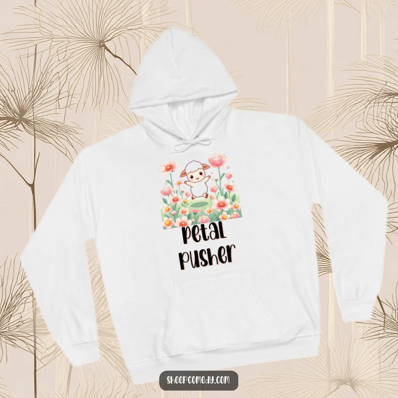 Funny sheep hoodie: a happy sheep character skips cheerfully through a field of enormous, shimmering flowers, exuding joy.