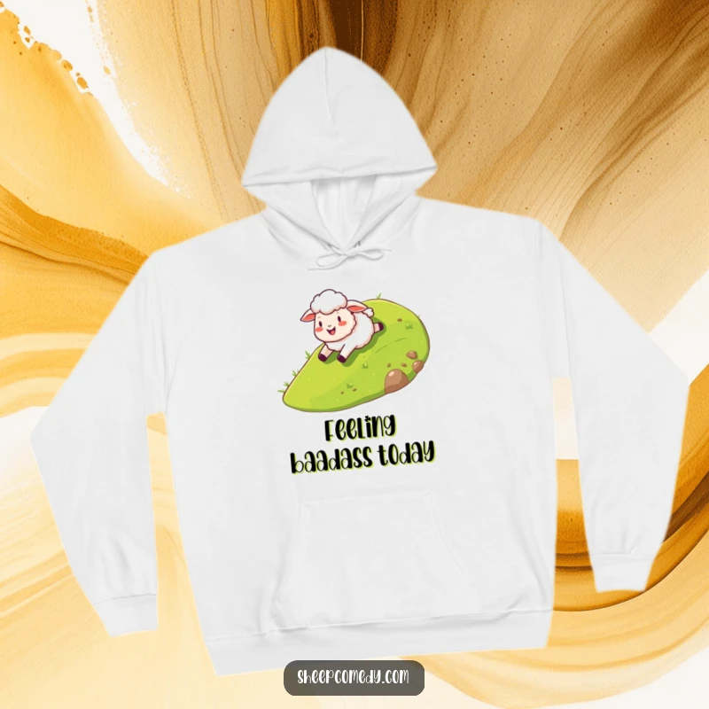 Funny sheep hoodie showcasing a happy sheep character joyfully sliding down a stylized grassy hill, perfect for cozy laughter.
