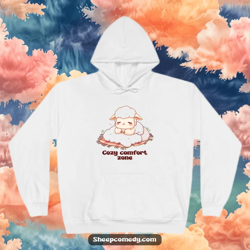 Funny hoodie showcasing a sheep character taking a happy sigh nap on a fluffy picnic blanket, offering cozy and humorous relaxation.