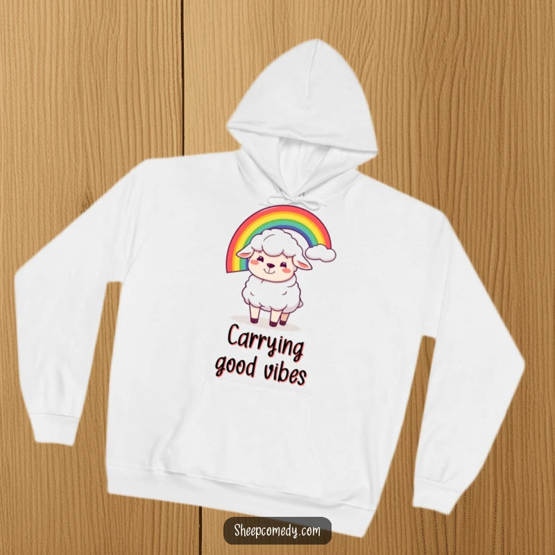 Funny hoodie showcasing a sheep character with a silly grin, humorously balancing a rainbow on its back, offering cozy and cheerful vibes.