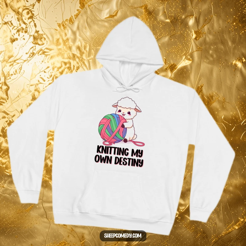 Funny Sheep Hoodie featuring a joyful sheep utterly engrossed in a massive, colorful ball of yarn, radiating pure happiness.