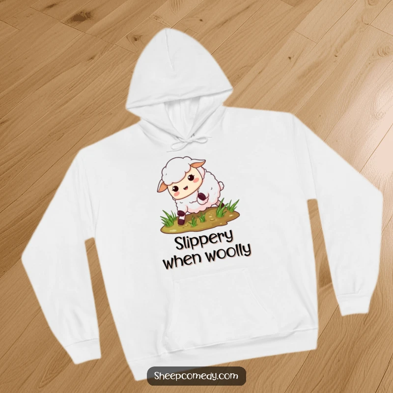 Funny Slipping Sheep Hoodie: A comfortable hoodie featuring a sheep comically slipping on a patch of wet grass.