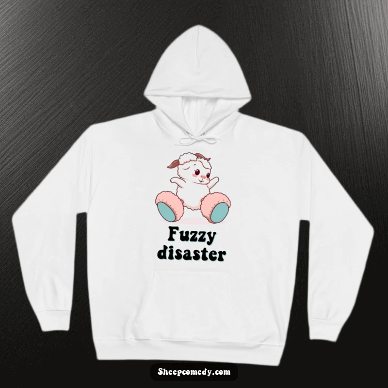 Funny sheep hoodie: a playful sheep character comically trips wearing enormous fuzzy slippers, offering cozy humor and comfort.
