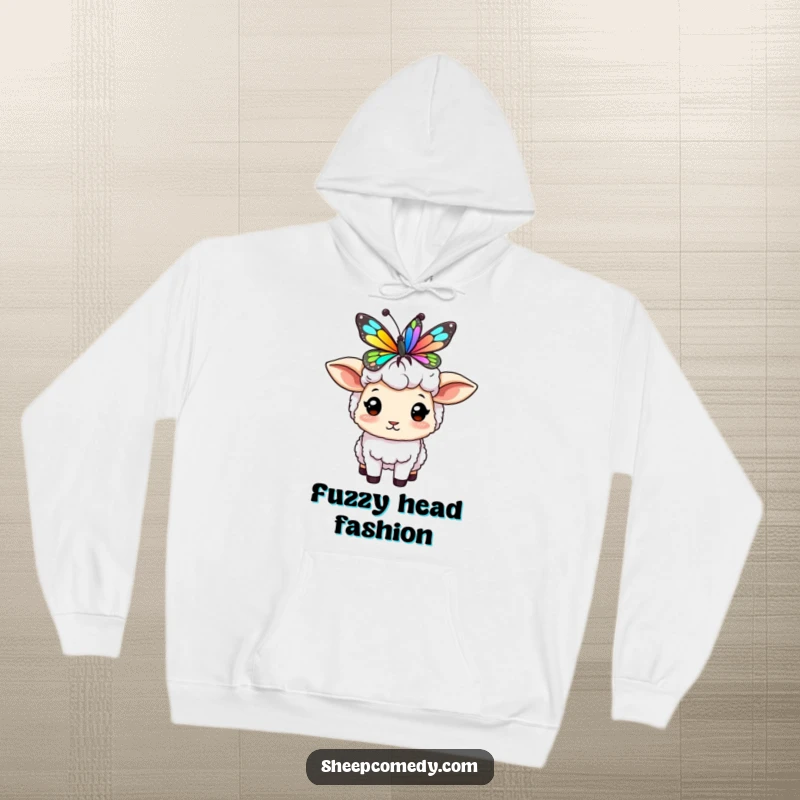 Funny sheep hoodie showing a character concentrating on balancing a colorful butterfly on its head, a cozy and humorous scene.