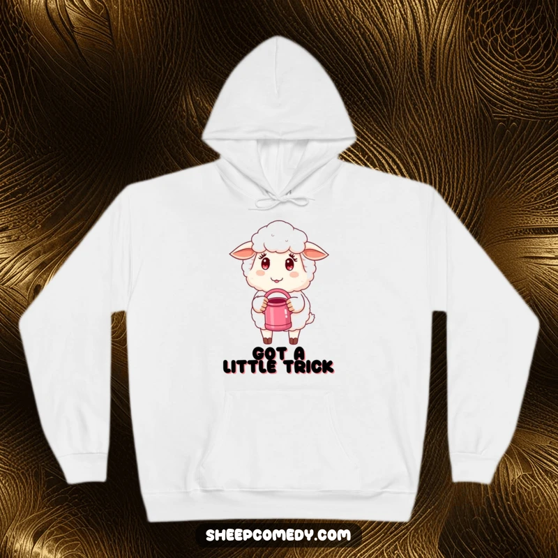 Funny Sheep Hoodie: A cozy hoodie showcasing a sheep with a mischievous glint, holding a watering can, ready for fun.