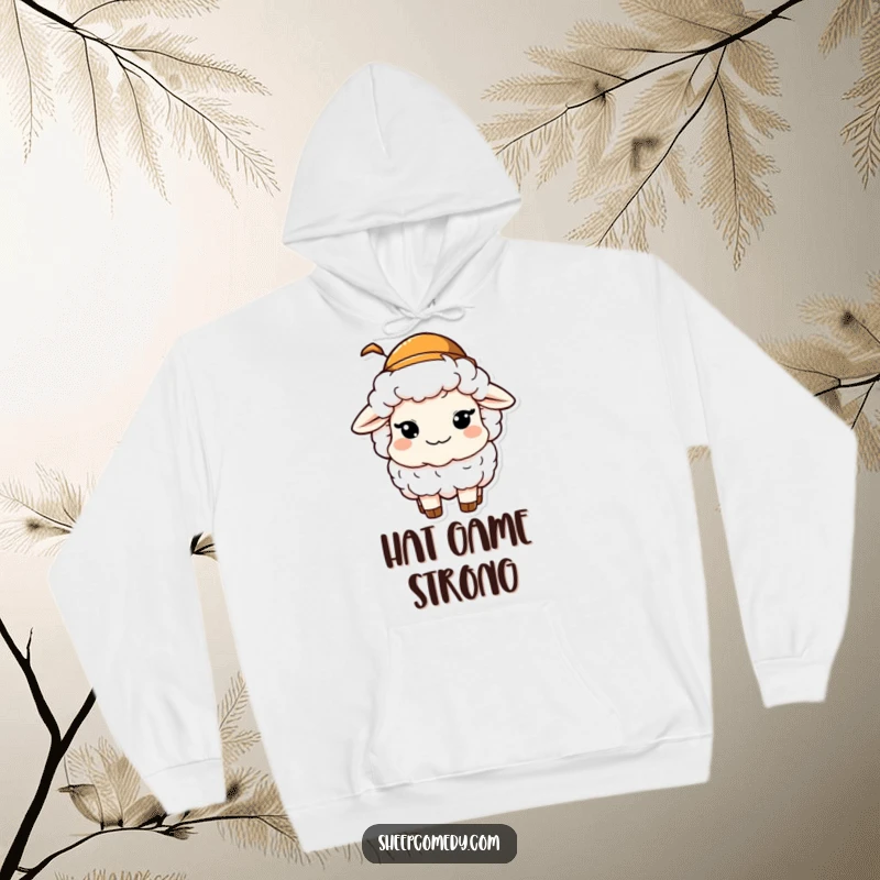 Funny hoodie depicting a sheep character with a mischievous wink and a tiny hat, exuding a sense of playful fun and style.