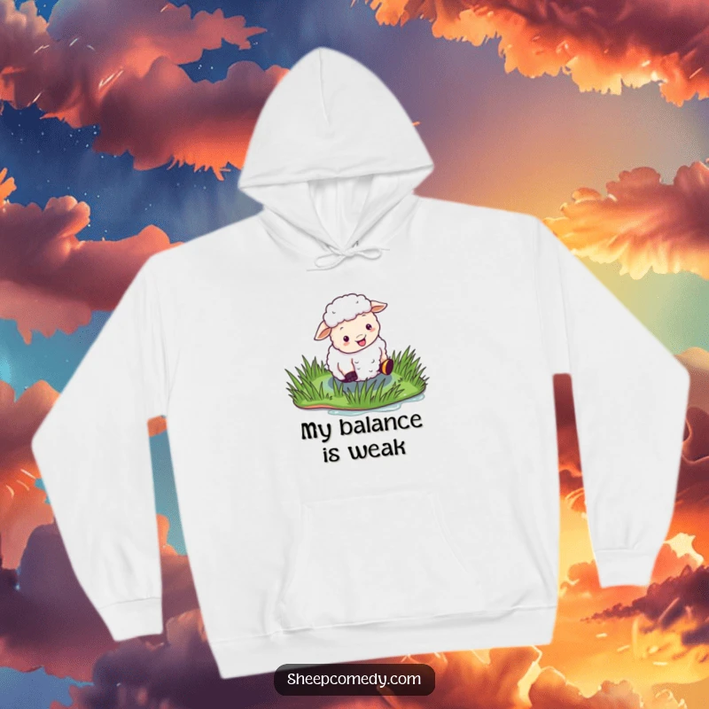 Funny Sheep Hoodie depicting a sheep comically slipping on a wet, shiny patch of grass, embodying humorous misfortune.